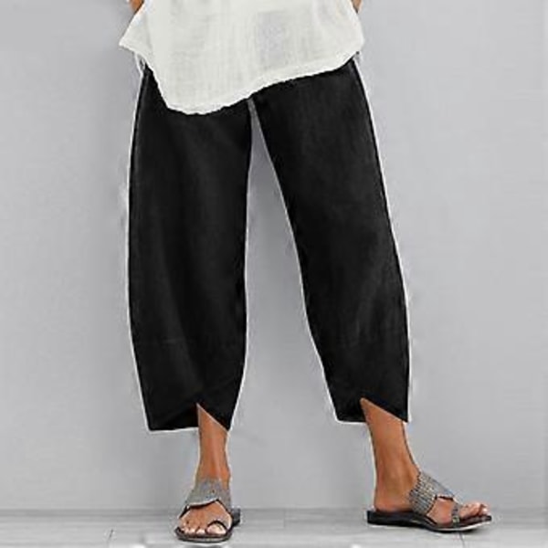 Dame og Herre Sommer Høst Elastisk Midje Løse Ensfargede Bukser Dame Bomull Lin Bukser (4XL svart)