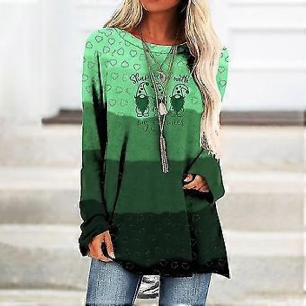 St. Patricks Dag Dame Langærmet T-shirt Heldige Kløver Nisse Printet Bluse Løse Toppe Skjorter -NMAOV(2XL A)
