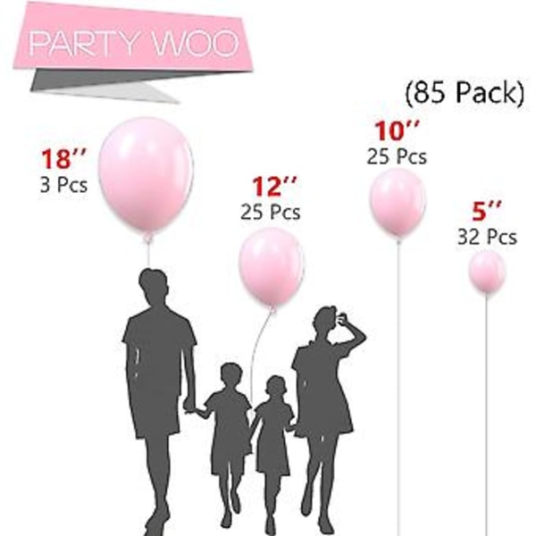 Partywoo Pastellrosa Ballonger, 85 st Rosa Ballonger i Olika Storlekar Pack med 18 tum 12 tum 10 tum 5 tum för Ballonggirlang som Födelsedagsdekorationer