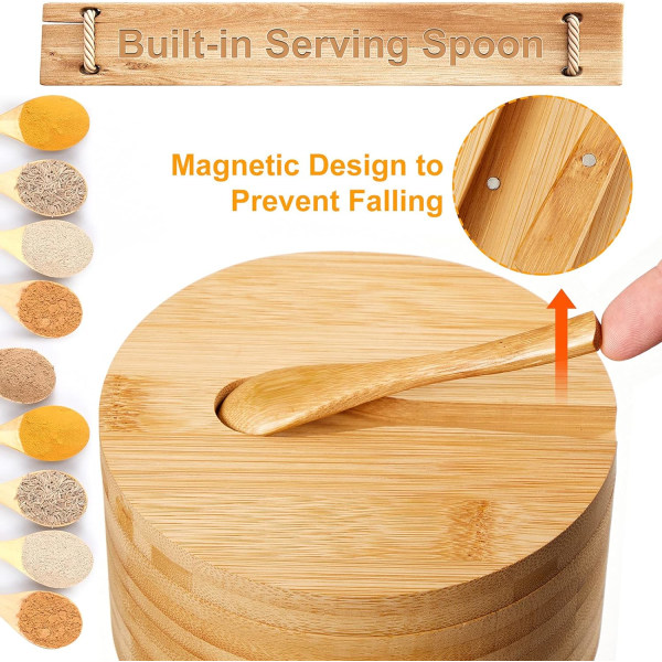 Bambu Saltlåda Sked 3 Fack Kryddor och kryddor Förvaringsbehållare Magnetiskt vridbart lock Runt