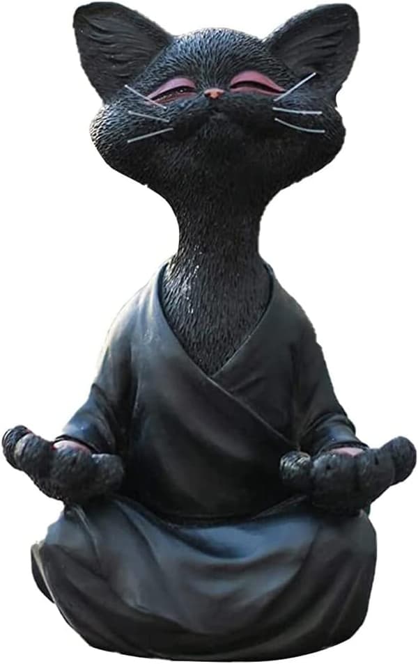 (sort/L)Mediterende kattestatue, lunefuld sort kattefigur