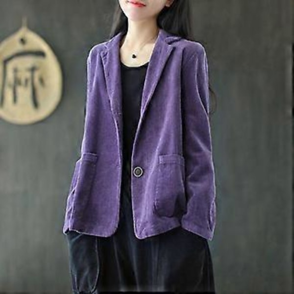 Fløjlsjakke med Revers Enfarvet Kort Frakke Dame Efterår Langærmet Lomme Kunst Retro Casual Frakke Top(M lilla)