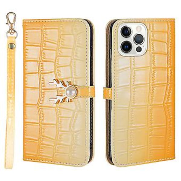 Telefonfodral med älgmönster för iPhone 14 Pro med kortfack, snodd, PU-lädermaterial, plånboksfunktion, hörnfallskydd (Gul)