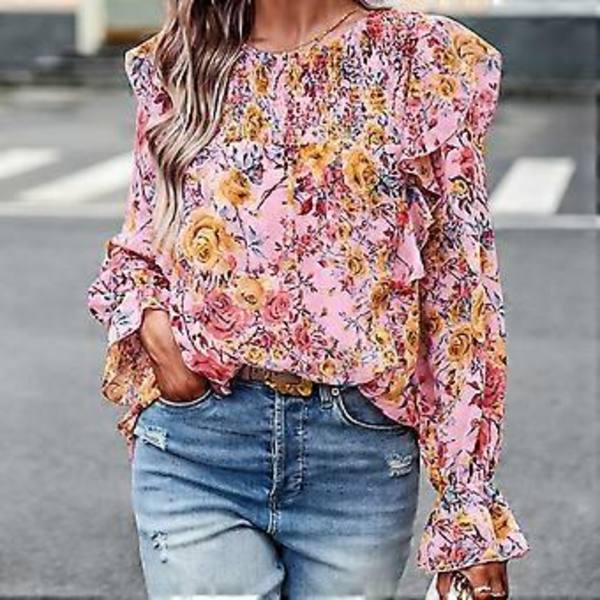 Dam Höst Puff Långärmad T-shirts Rundhalsad Toppar Bohemisk Blommig Tryck Blusar Skjortor Smockade Manschetter Tunikor Toppar Vit XL(XL Vit)
