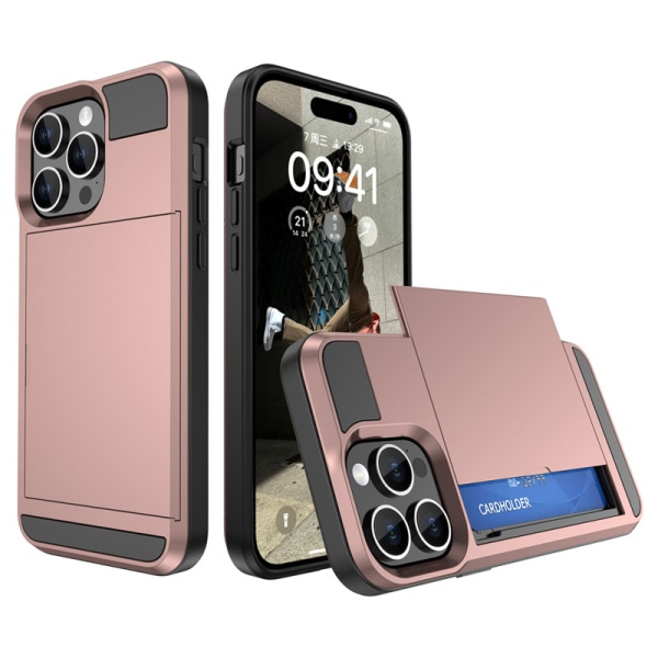 (Rose Gold)Pung-etui til iPhone 15promax, 1 tommer med kortholder, stødsikker dobbeltlags telefon pr.