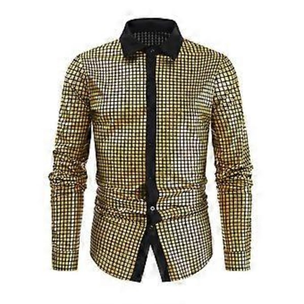 Herre Skjorte Langermet Geometrisk Knappelukking Lapel Skinnende T-skjorte (XL Gull)
