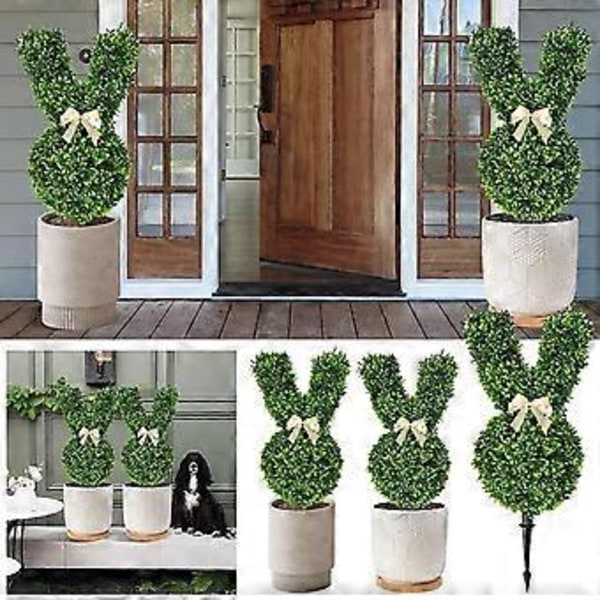 Konstgjord Kanin Topiary Växt 55cm Grön Påskhare Topiary Träd Faux Buskväxter med Markspik för Hem Gård Gräsmatta Påskdekoration
