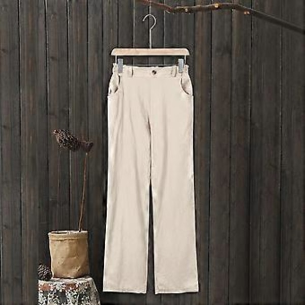 Linne Croppade Lös Passform Bomull Dam Capri Byxor Casual Kvinnor Crop Capris Elastisk Midja Sommar (XL Khaki)