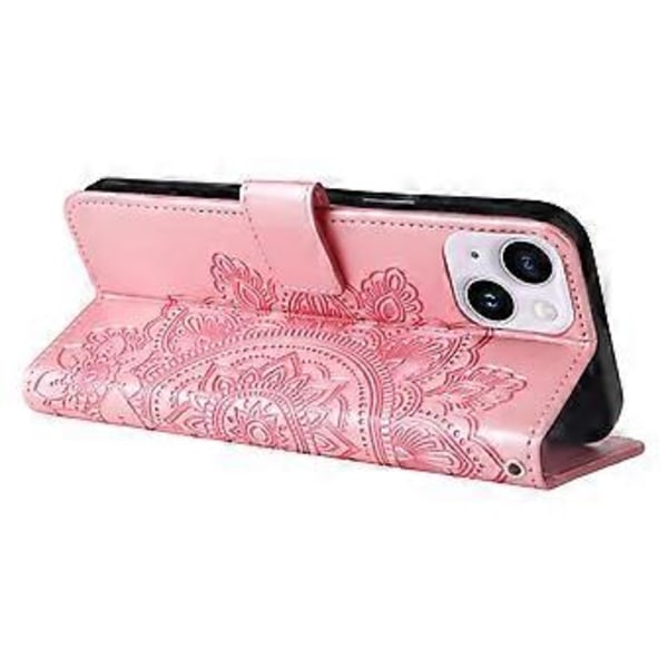 Läderfodral med 7-bladiga blommor för iPhone 15 Plus (Roséguld)