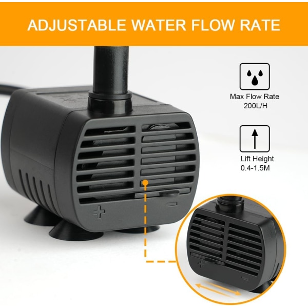 （Svart） Dränkbar vattenpump, akvariepump Justerbar 200L/H 3W Ultratyst USB -pump för dammfisk
