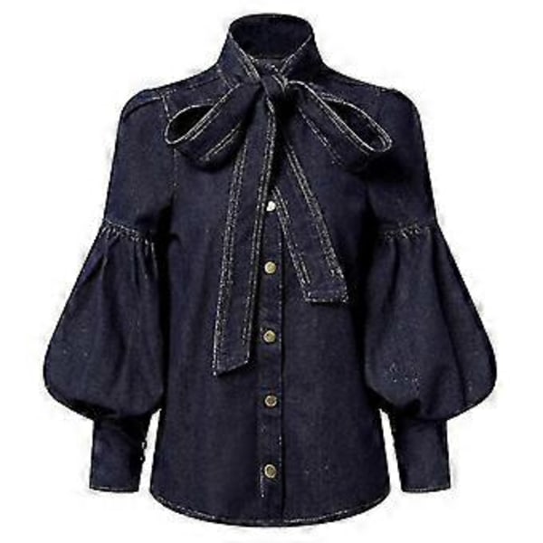 Modeimitation Denim Puffärmar Rosett Blusar Kvinnor Vår Höst Hög Hals (S)