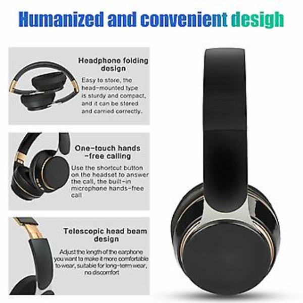 Trådløse Bluetooth 5.0 Hodetelefoner Over Øret Stereo Super Bass Øretelefon Headset Mikrofon (Svart)