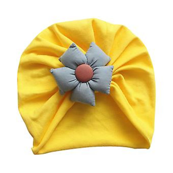 Baby Toddler Hatt Söt Blomma Knyta Beanie Cap Huvudband Nyfödd Mjuk Solid Färg Bonnet Spädbarn Huvudbonader För 3-18 Månader Babygåvor (Gul och Grå)