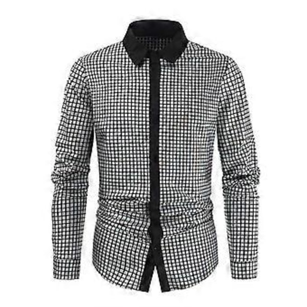 Herre Skjorte Langærmet Geometrisk Knap Lapel Skinnende T-shirt (L Sølv)
