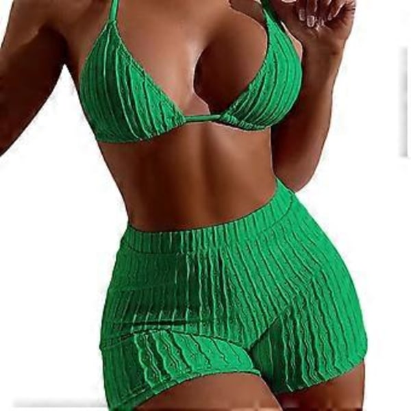 Naisten riimutoppimallinen ribbineulos uimashortsit Bikinisetti Kaksiosainen Push Up Bikini Uimapuku Uima-asu poikashortseilla Vihreä S (S Vihreä)