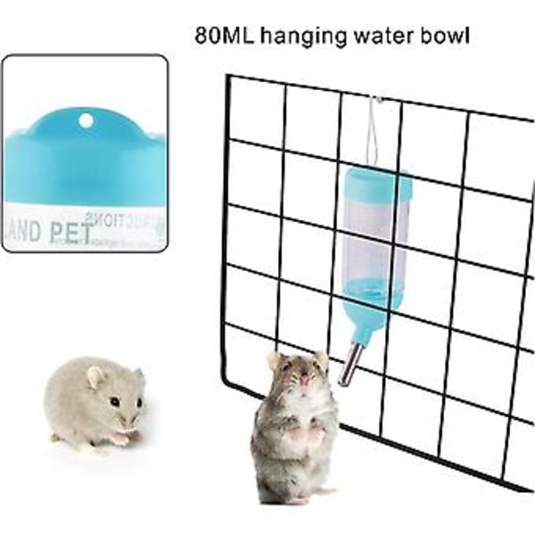 Hamster Vannflaske med Skål for Små Dyr Gnagere Chinchilla, Kanin, Rotte Fret, 80ml, Blå