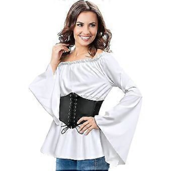 Ny Kvinners Renaissance Bluse Topper Korsett Midje Belte Middelaldersk Victorian Off Shoulder Lang Ermet Skjorte Pirate Cosplay Kostymer Rask 2023 (Medium Hvit)