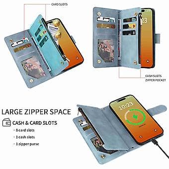Tegnebog Lynlås Læder Telefon Etui Til iPhone 15 Pro Max (Lyseblå)