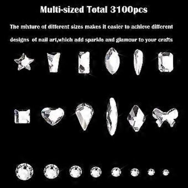Nagelstenar Kit, Nagelsmycken Platta AB-stenar Kit DIY Hantverk Ädelstenar för Naglar, Skor, Kläder, Smycken (600 Blå Diamanter + 2500 Fla