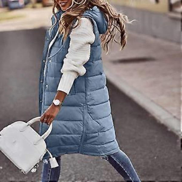 Lett Vintergenser Lang med Hette Utendørs Vest Dunjakke Vattert Kåpe Ensfarget Hette Ermeløs Jakke for Dame (XXXXXL blå)