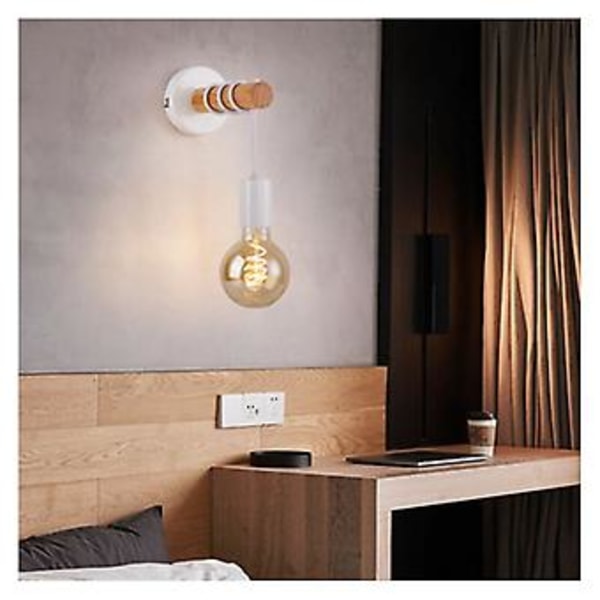 Væglampe, retro industrielt design, træ & metal, stue & soveværelse belysning, E27 fatning, til 10W max LED pære, hvid