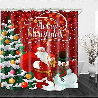 Duschdraperi med konstnärlig grön julgranstryck Badrum, Röd Tomte Snögubbe Vattentät Draperi för Badkar, Polyester Duschdraperifoder (180x180cm)