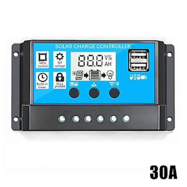 60A/50A/40A/30A/20A/10A Solcellsladdare Styrenhet Auto PWM Styrenheter LCD-Display Dubbel USB-utgång (Blå)