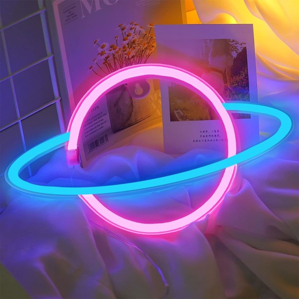 (Rosa Blå) Planet Neon Skilt, Batteri Lampe Neon Lys Led Lys Nattlys, Planet USB Opplyst W