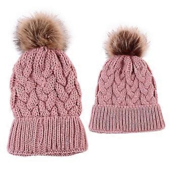 Moderne Beanies Forældre-Barn Hat Varm Beskyttelse Vinterhatte Strikket Uld Hat med Blød Pompom Sød Hue til Børn (pink)