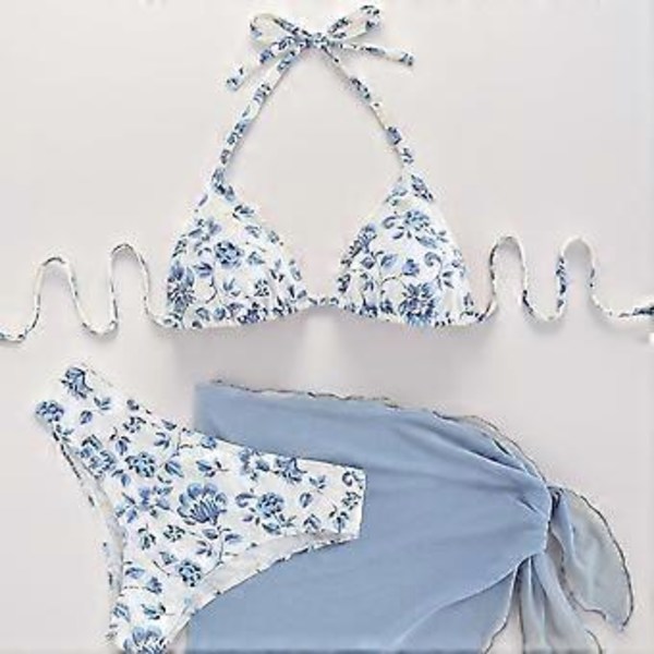 Dame Todelt Blomsterprint Badedragt Halterneck Badedragt med Strand Sarong Nederdel Todelt Halterneck Thong Badedragter Blå L(L )