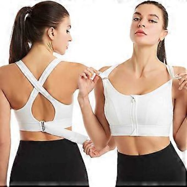 Sport-BH för kvinnor, hög effekt, dragkedja fram, plusstorlek, vadderad yoga push up-väst (4XL Vit)