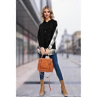 Dame Plaid Patchwork Hættetrøjer Top Langærmet Afslappet Løs Pullover Sød Let Afslappet Løs Hættetrøje Blå S Blue S