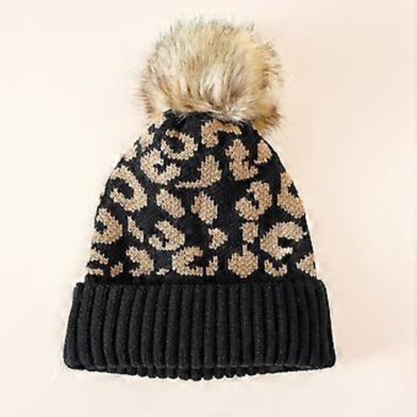 Ribstrikket Hue med Ørebeskyttelse Efterår Vinter Plys Bold Leopard Print Strikket Beanie Hue til Cykling Qinhai (Khaki)