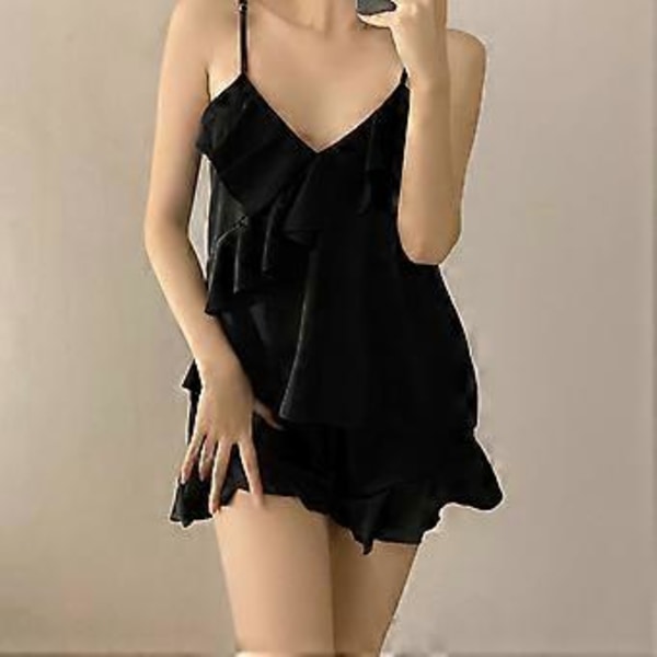 Ærmeløs Natkjole med Åben Ryg, V-Hals, Sexet Nattøj, Ensfarvet, Åndbar Pyjamas, Satin Top Shorts Sæt til Kvinder Sort XL(XL Sort)
