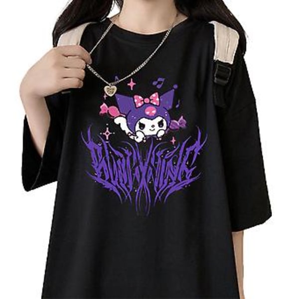 Naisten ja teini-ikäisten söpö Kuromi-animepainatus tunika lyhythihainen kesä rento löysä istuvuus topit Harajuku muoti T-paidat Streetwear (2XL)