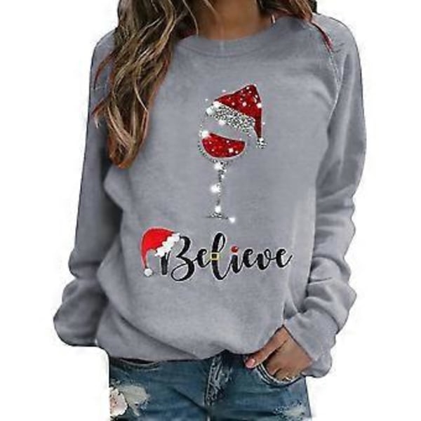 Jul Dam Långärmad Vinglas Tryck T-shirt Jul Ledig Lös Rund Hals Tröja Skjortor Blus Pullover Toppar -NMAOV(XL Grå)