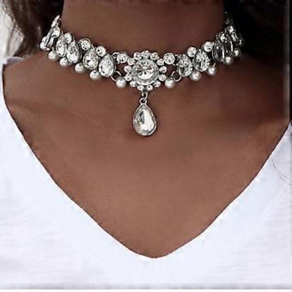 Elegant Halskjede Anheng Simulert Perle og Rhinestones Perler Choker Halskjede for Kvinner (Sølv)