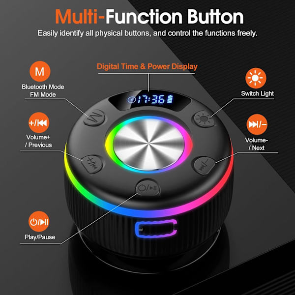 Vattentät Bluetooth-duschhögtalare med FM-radio, bärbar Bluetooth-högtalare HD Surround Sound, IPX