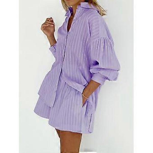 Höst- och vinterkläder för damer, randiga bubbelärmar, shorts, känsla för avslappnade outfit-set (L Lila)