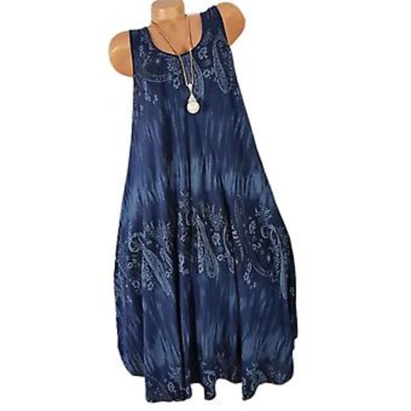 Damklänning i Retro Blommig Stil, Sommar Casual, Ärmlös, Swing, Midi, Semester, Strand, Lös, Plus Storlek (5XL Marinblå)