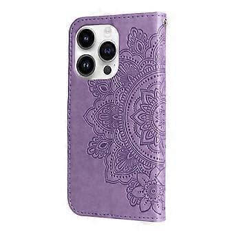 7-bladets Blomster Præget Læderetui Til iPhone 15 Pro (Lyselilla)