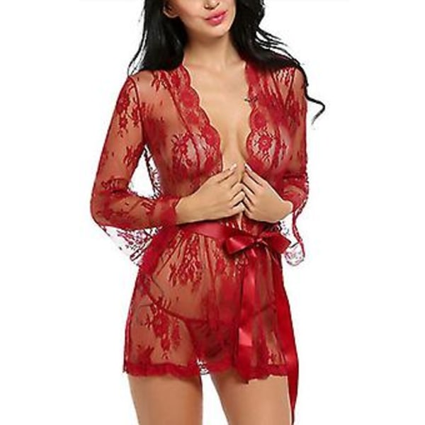 Sexiga underkläder i spets för kvinnor, nattlinne, sovkläder, stringtrosa, babydoll underklädesset (3XL Röd)