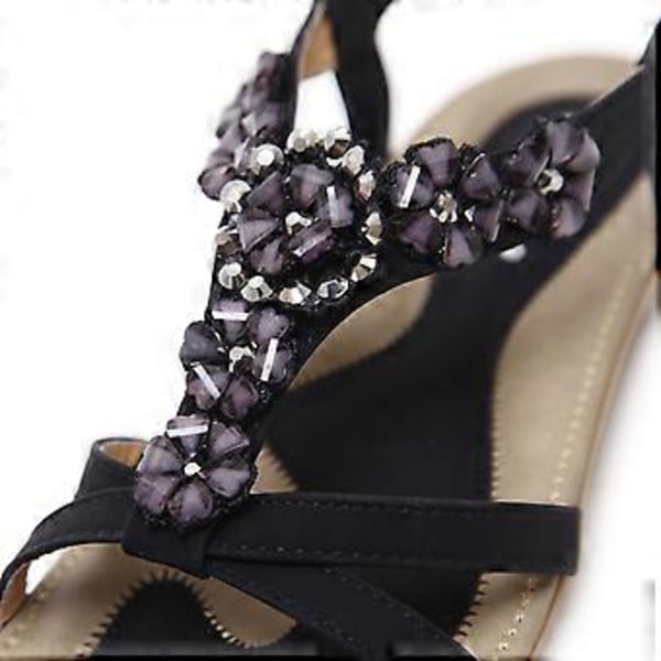 Dame Sommer Sandaler Boheme Blomst Rhinestone Stor Størrelse Flade Sko Strandsandaler (EU 40 Sort)