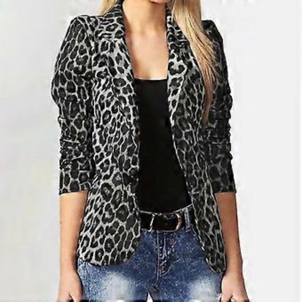 Dame Blazerdragt med nedfældelig krave, lange ærmer, leopardprint, løse knapper, plusstørrelser (M mørkegrå)