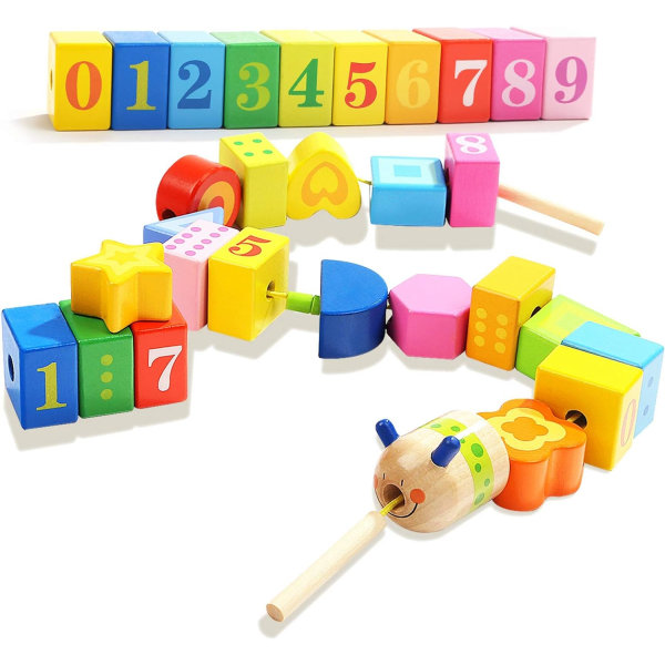 Träsnörspärleleksak med nummer för 1-årig flicka, Montessori-leksak 2 år gammal finmotorik