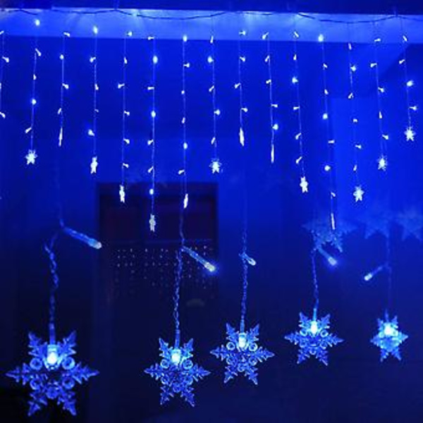 Sininen LED-valoverho, Valoverho, LED-tähti, LED-valoketju, 96 LED:tä 3,5 m pitkä valoketju, LED-valoketju ikkunan koristeluun