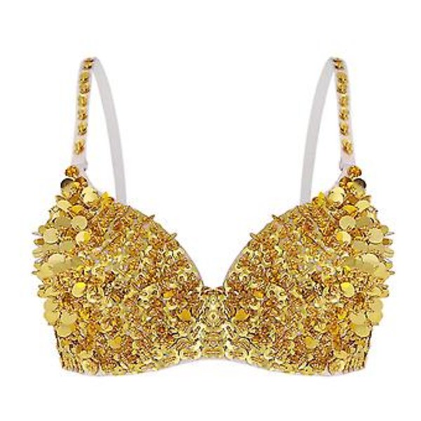 Kvinders Glimmerende Paljetter Perlebesat Polstret BH Top Mave Dans Kostume Festival Rave Party Showgirl Cabaret Performance Clubwear-r (One Size A  Guld)