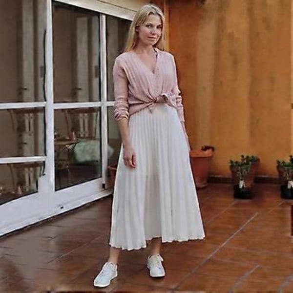 Kvinnor Vår Höst Elegant Chic Solid Plisserad Kjol Hög Midja Lyx Mode Med Elastisk Kvinna C-035(L vit)