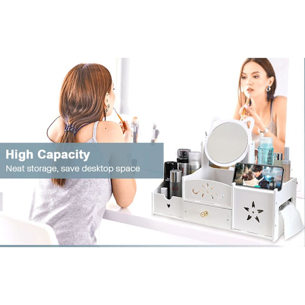 (rund spejl) Makeup Opbevaring Multifunktionel Organizer, Hvid Desktop Badeværelse Organizer, Makeup St