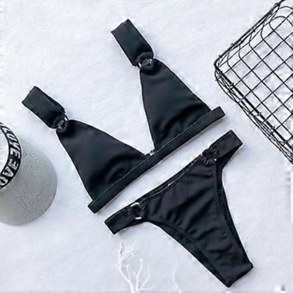 Sort M Dame Sommer Ensfarvet Høj Talje Bikini Badetøj Ærmeløs Dame Badedragt Sæt